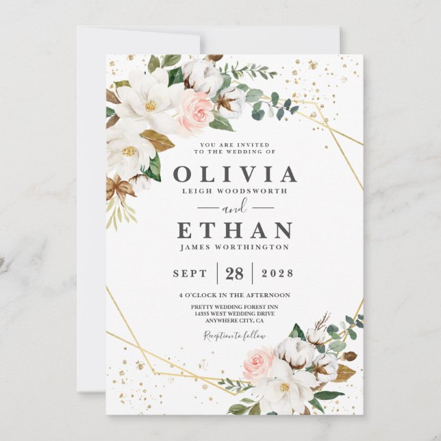 Invitación Flora de magnolia blanca y geométrica de oro rosa  (Anverso)