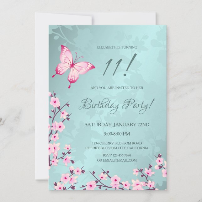 Invitación Flora de mariposa rosa cerezo flor turquesa (Anverso)