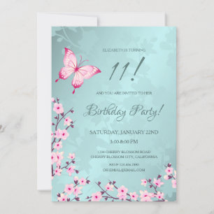 Invitación Flora de mariposa rosa cerezo flor turquesa