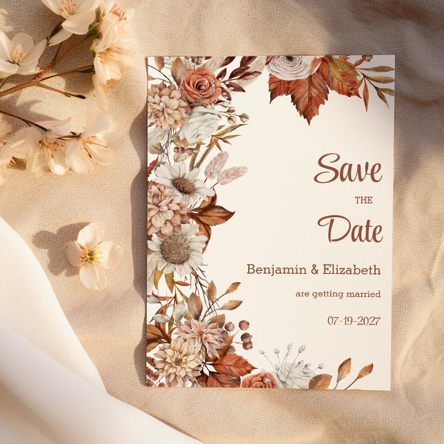 Invitación Flora de otoño naranja blanco marrón rústico Save  (Brown white orange fall flora rustic Save the Date)