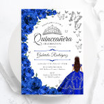Invitación Flora de plata azul real Quinceanera<br><div class="desc">Invitación a la celebración de Quinceanera floral de plata blanca y azul real. Cuenta con chica de morena en vestido de bata de bola, fuente de guión, mariposas plateadas, rosas rojas y tiara. Perfecto para una elegante celebración de glam al estilo de la princesa. Personaliza con tus propios detalles. Invitaciones...</div>
