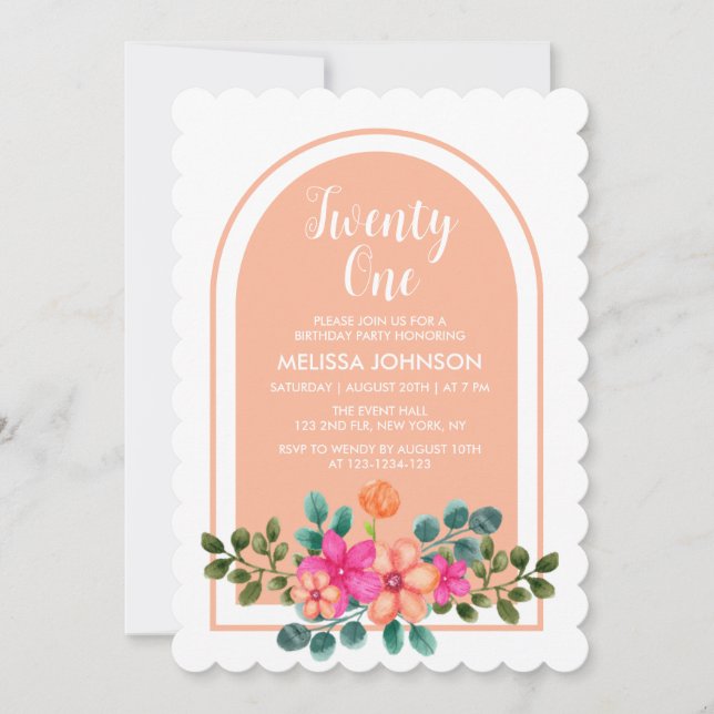 Invitación Flora de Primavera Naranja Peach Botanical 21º cum (Anverso)