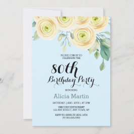 Invitación Flora de rosa blanca Eucalipto Azul 80 cumpleaños