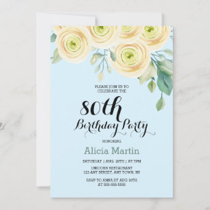 Invitación Flora de rosa blanca Eucalipto Azul 80 cumpleaños