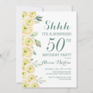 Invitación Flora de verde rosa blanca sorprende 50 cumpleaños