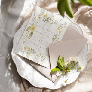 Invitación Flora dorada   Baby Shower de flores silvestres