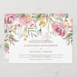 Invitación Flora dorada | Boda de color de agua rosa Rubor