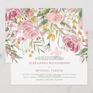 Invitación Flora dorada   Boda de color de agua rosa Rubor