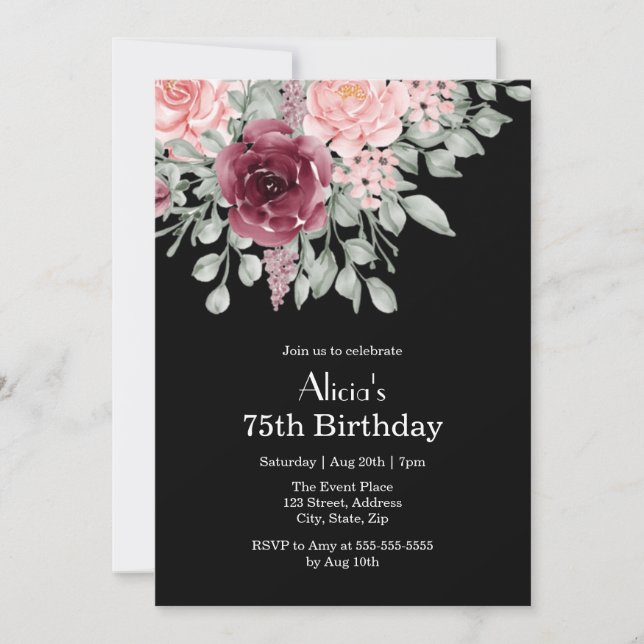 Invitación Flora elegante rosa rosa de Borgoña 75 cumpleaños (Anverso)