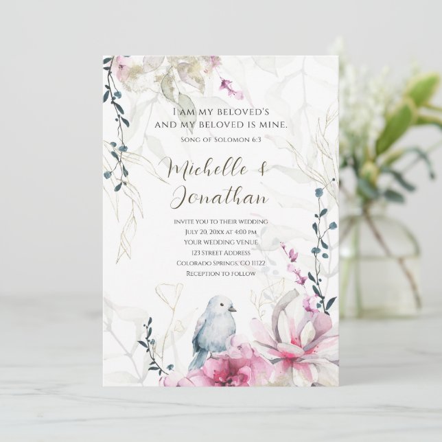 Invitación Flora gris rosa con Boda de la Biblia cristiana de (Anverso de pie)