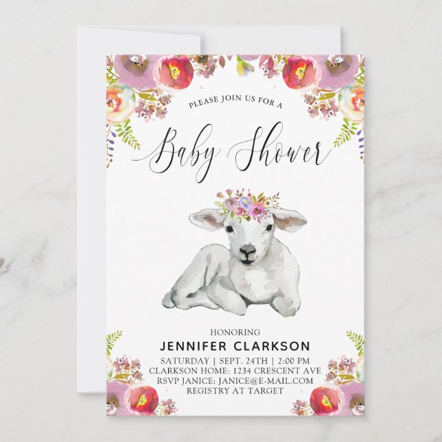 Invitación Flora Lamb Baby Shower (Anverso)
