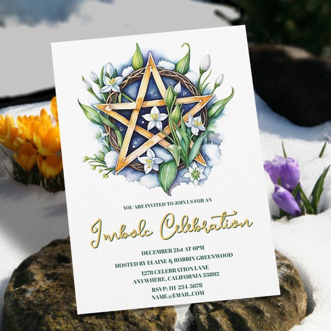 Invitación Flora Pentacle Nieve y Flores Fiesta de imbolc de  (Flora Pentacle Snow & Flowers Wiccan Imbolc Party Invitation)