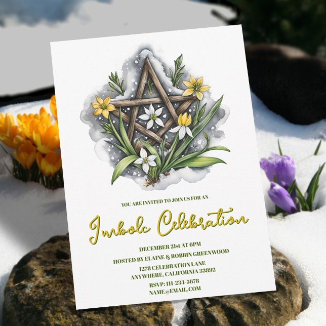 Invitación Flora Pentáculo Nieve y flores amarillas Fiesta de (Flora Pentacle Snow & Yellow Flowers Imbolc Party Invitation)