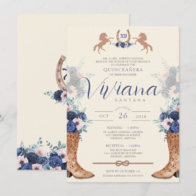 Invitación Flora rosa azul marina Charro Occidental Quinceane (Anverso / Reverso)