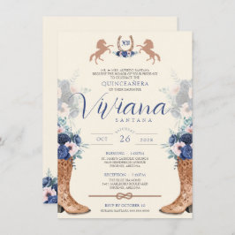 Invitación Flora rosa azul marina Charro Occidental Quinceane