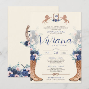 Invitación Flora rosa azul marina Charro Occidental Quinceane