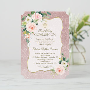 Invitación Flora rosa blanca dorada primera comunión sagrada