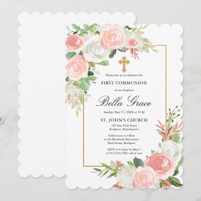 Invitación Flora rosa blanca rosa primera comunión sagrada (Anverso / Reverso)