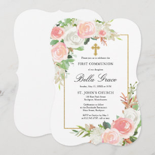 Invitación Flora rosa blanca rosa primera comunión sagrada
