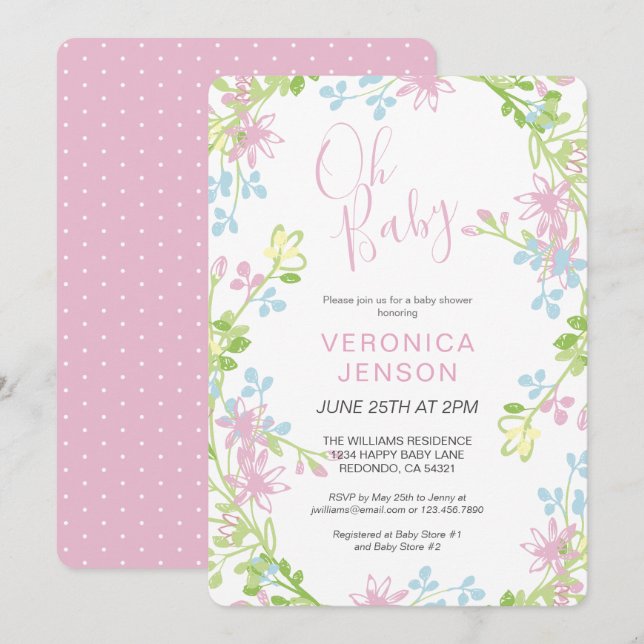 Invitación Flora rosa bonito Oh niña bebé Baby Shower (Anverso / Reverso)