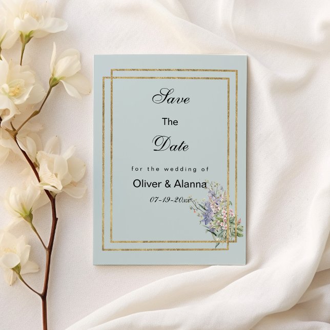Invitación Flora rosa de lavanda de oro azul pastel Save The  (Pastel blue gold lavender pink flora Save The Date )