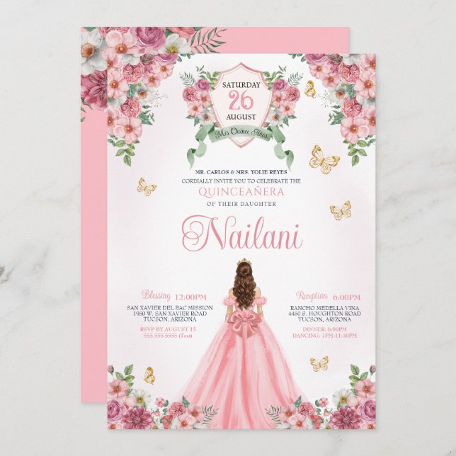 Invitación Flora rosa de mariposa dorada rosada Quinceanera (Anverso / Reverso)