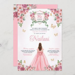 Invitación Flora rosa de mariposa dorada rosada Quinceanera
