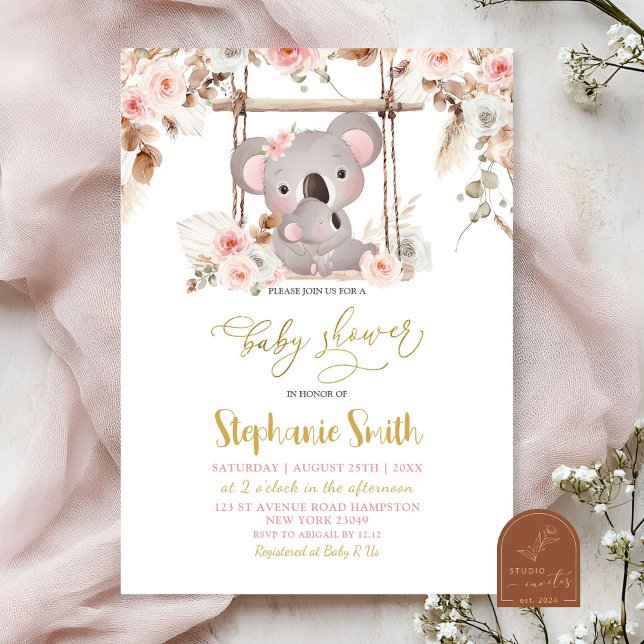 Invitación Flora rosa de pampas de gramíneas Koala Niña austr (Subido por el creador)