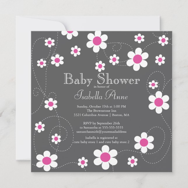 Invitación Flora rosa moderna y divertida Chicas Baby Shower (Anverso)