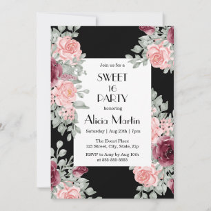 Invitación Flora rosa rosa borgoñona dulce 16 cumpleaños negr