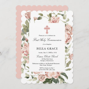Invitación Flora rosa rosa rosada rustica primera comunión sa