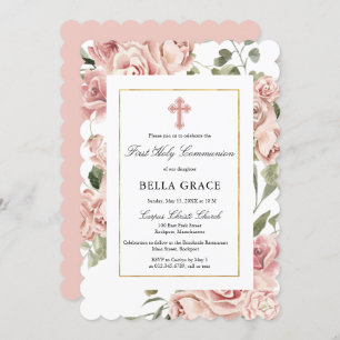 Invitación Flora rosa rosa rosada rustica primera comunión sa