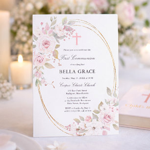 Invitación Flora rosa rosa rosada rustica primera comunión sa