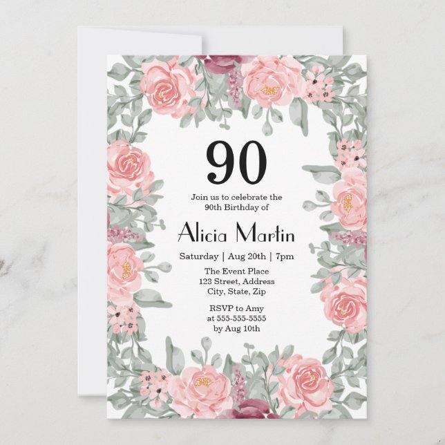 Invitación Flora rosa verde vegetación blanco 90 cumpleaños (Anverso)