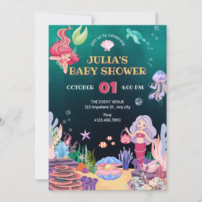 Invitación Flora submarina de sirena y ducha de bebé de fauna (Anverso)