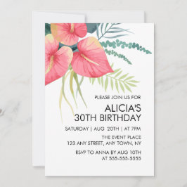 Invitación Flora Tropical Antrurio Rosa y Cumpleaños Monstera