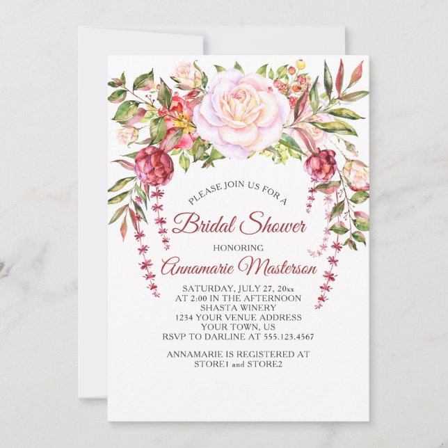 Invitación Flora verde de rosas rosadas salvajes y ducha de n (Anverso)