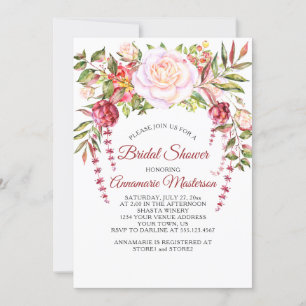 Invitación Flora verde de rosas rosadas salvajes y ducha de n
