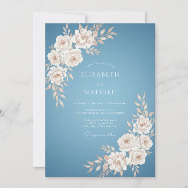 Invitación Floración de Flor Azul de Boda (Anverso)