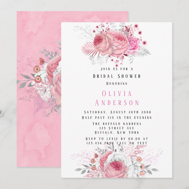Invitación Floración de Peonia Rosa y Plata Ducha Bridal (Anverso / Reverso)