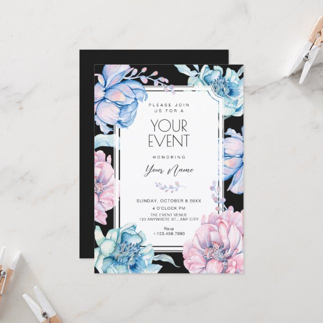 Invitación Floración floral negra (Anverso/Reverso In Situ)