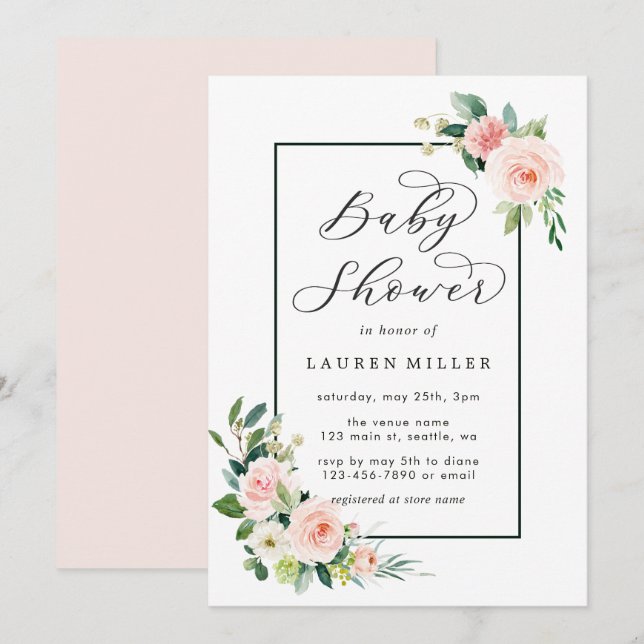 Invitación Floración rosada Baby Shower de la acuarela de (Anverso / Reverso)