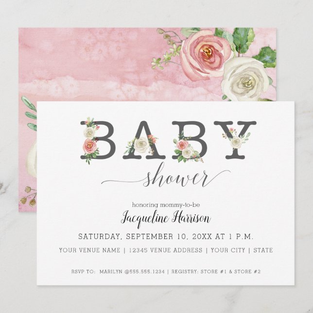Invitación Floraciones blancas y rosas de Rubor | Baby Shower (Anverso / Reverso)