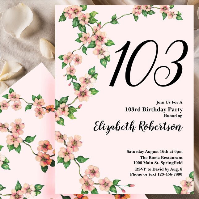 Invitación Floral 103rd Birthday Invitation in Blush Pink (Subido por el creador)