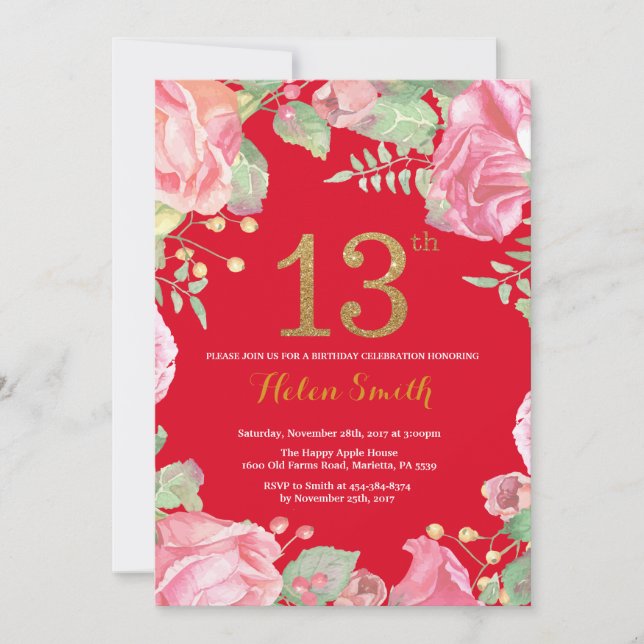 Invitación Floral 13.º Purpurina de oro de cumpleaños rojo (Anverso)