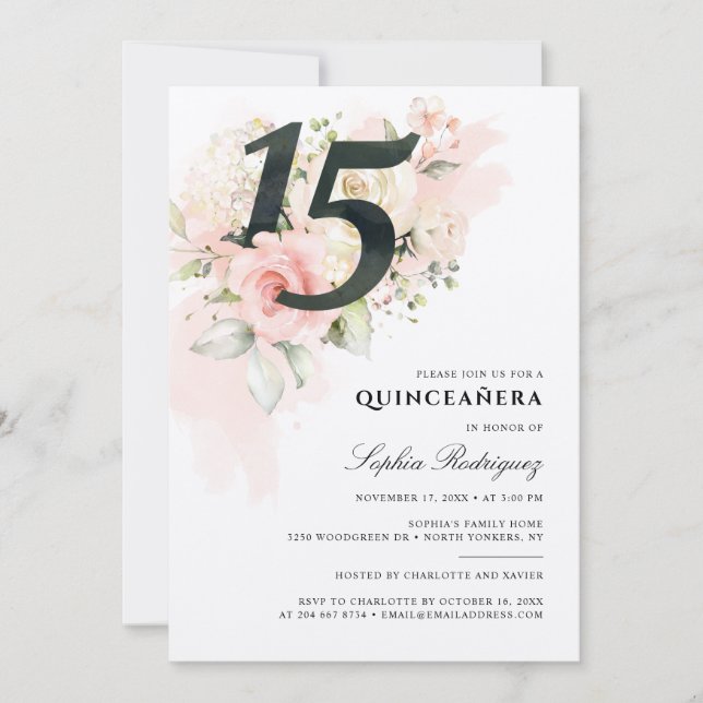 Invitación Floral 15º cumpleaños Foliage rosa Quinceanera (Anverso)