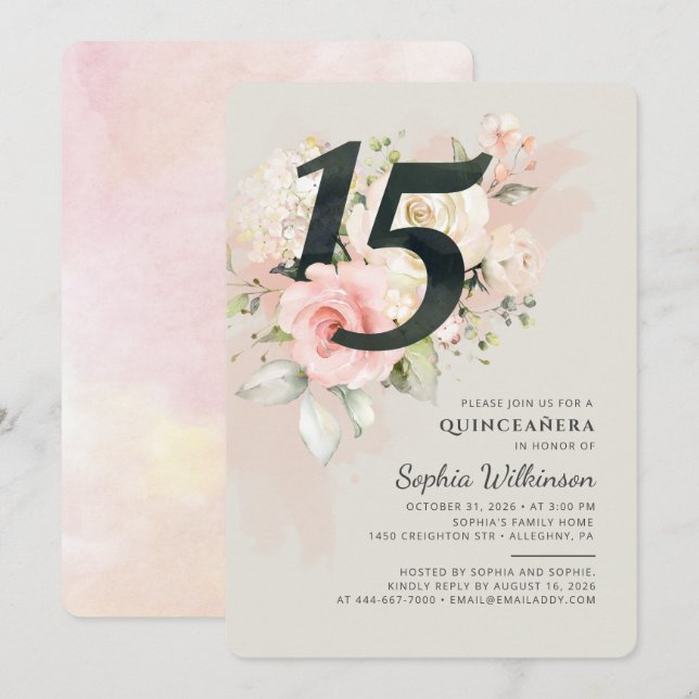 Invitación Floral 15º cumpleaños Quinceanera Script acuarela (Anverso / Reverso)