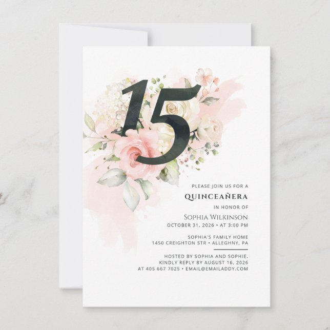 Invitación Floral 15.ª vegetación cumpleaños Quinceanera rosa (Anverso)