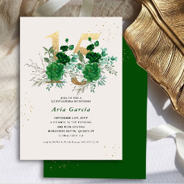 Invitación Floral 15 Crema verde esmeralda y quinceanera de o