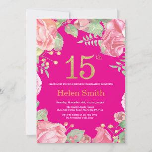 Invitación Floral 15 cumpleaños Purpurina de oro y rosa calie